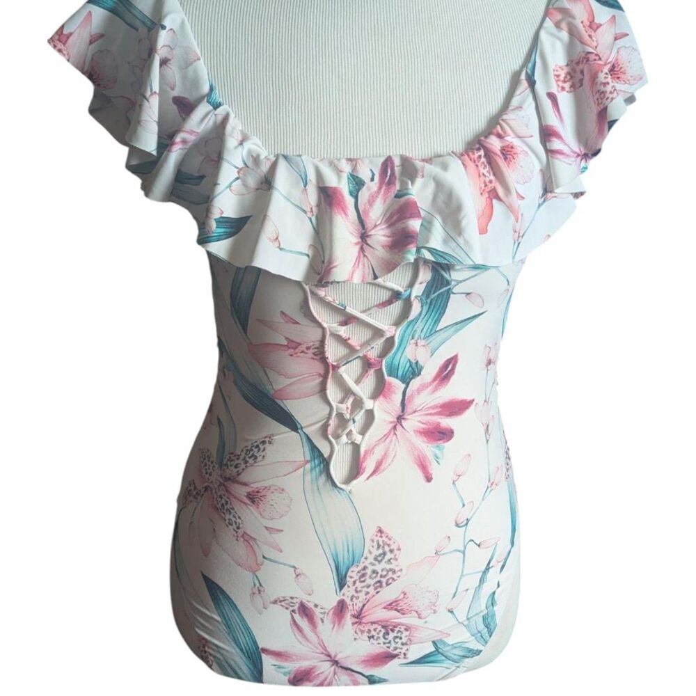 La Blanca Floral Ruffle Off-Shoulder Lace-Up One-Piece Swimsuit US 6